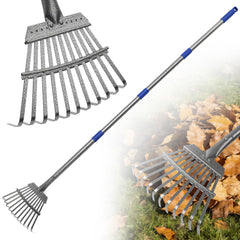 gixmuoiy front view of small garden rake showing narrow head and handle, durable design