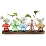 Glasseam mushroom propagation station front view showing vibrant glass and wooden stand benefit: decorative display