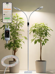 GLOWRIUM front view of floor grow light showing compact base and tall pole, space-saving benefit