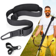 GodFan trimmer strap front view showing harness and metal clip for secure support