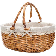 Good GAIN front view of cream willow picnic basket showing shape and finish, stylish storage