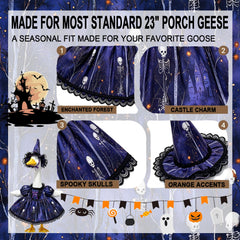 GooStryxen outfit on a porch goose in a Halloween yard creating welcoming decor