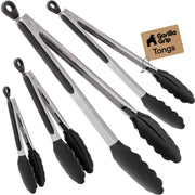 GORILLA GRIP front view of black stainless steel tongs showing full tool for versatile use