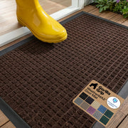 GORILLA GRIP front view of WeatherMAX mat showing dark brown squares and benefits