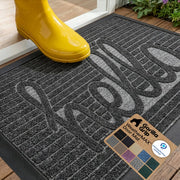 GORILLA GRIP front view of dark gray WeatherMAX mat showing welcome message benefit: durable entrance protection