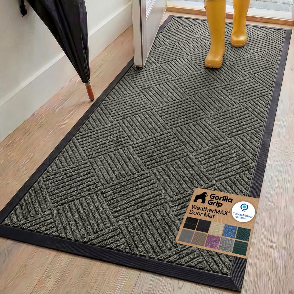 GORILLA GRIP front view of 72x24 gray diamond doormat showing full shape and color benefit protective entry