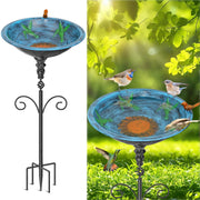 Gouisalin front view of retro blue bird bath showing vintage styling and curb appeal