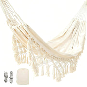 GOUTIME front view hammock showing full beige canvas and boho shape for comfortable lounging