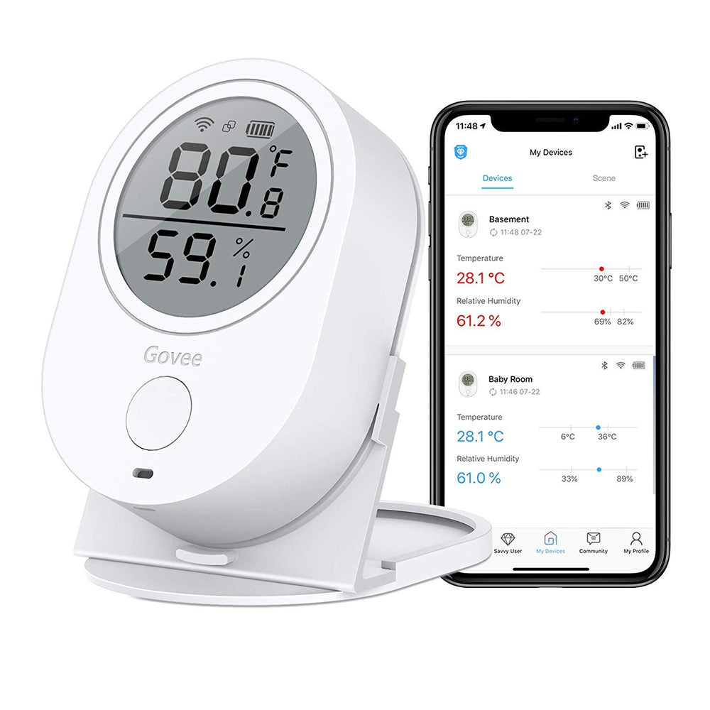 Govee H5051 front LCD display showing temperature and humidity for quick checks