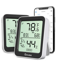Govee H5075 front display showing large readings and comfort icons, quick readability benefit
