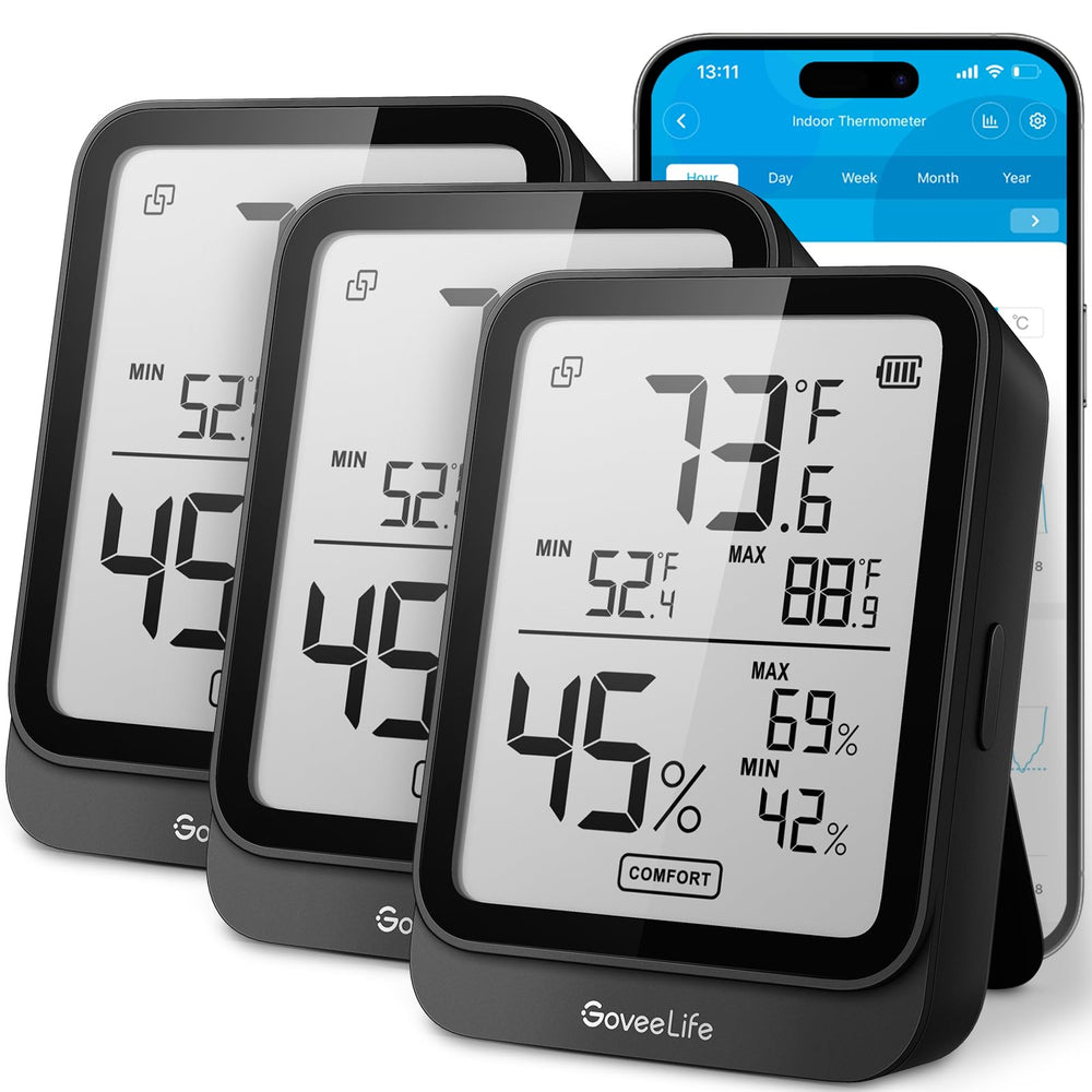 GoveeLife H5104 front view showing compact black housing and clear LCD display for quick readings