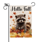 GPGHE front view of raccoon and pumpkins flag showing cheerful welcome