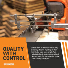 Granberg G106B attached to a chainsaw bar in use, provides stable sharpening support