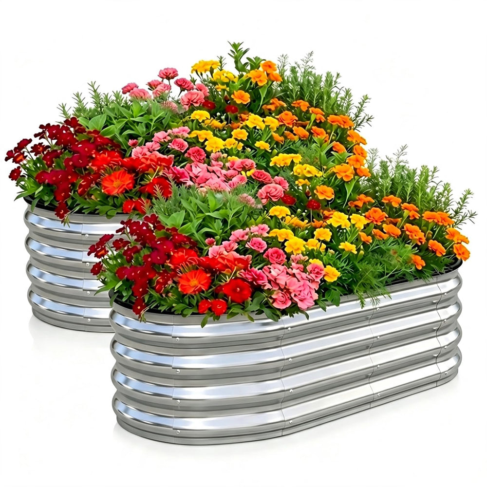 GRASQUILINE front view of oval galvanized raised bed showing size advantage and curb appeal