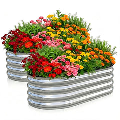 GRASQUILINE front view of oval galvanized raised bed showing size advantage and curb appeal