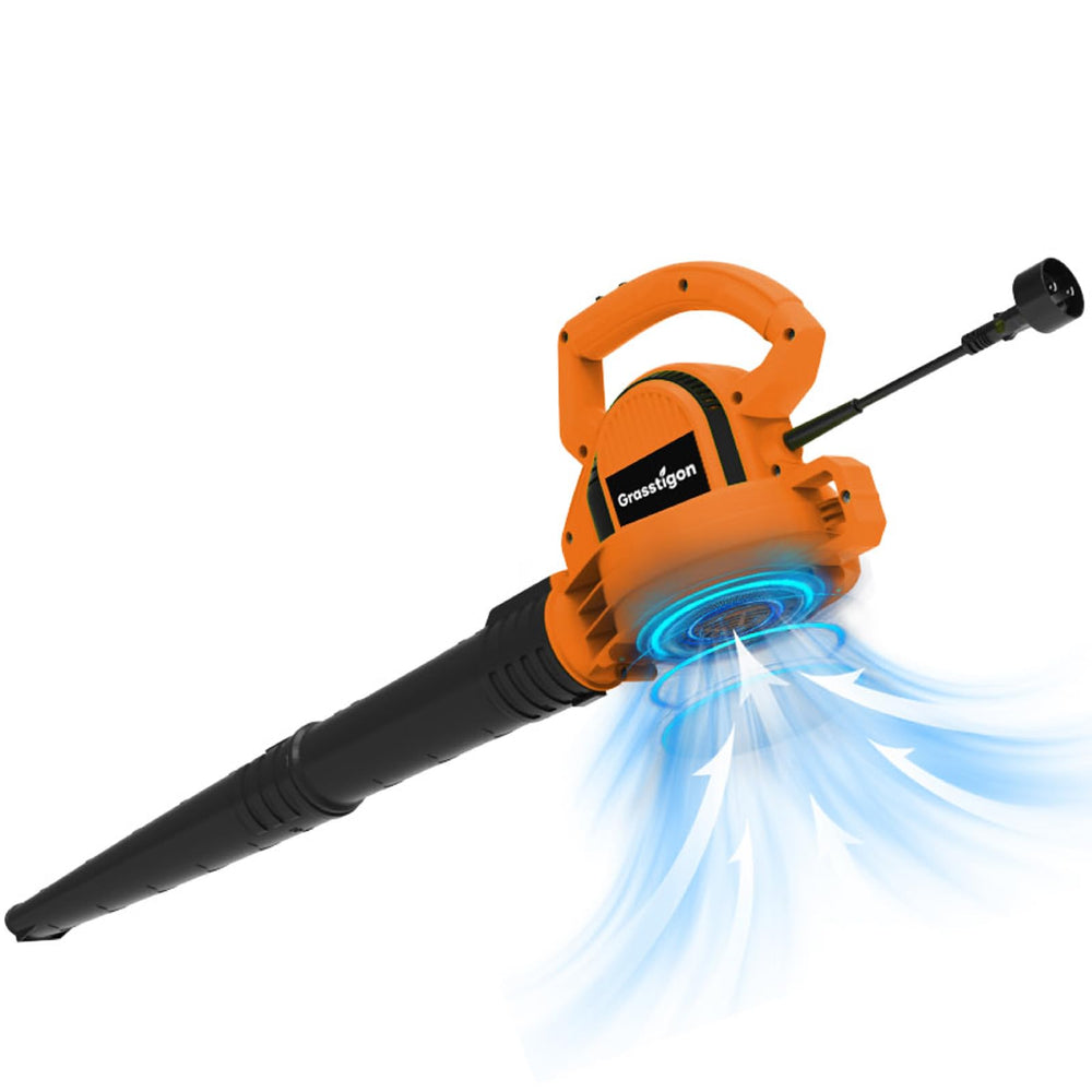 GRASSTIGON front view of orange blower showing compact design and quick cleanup benefit