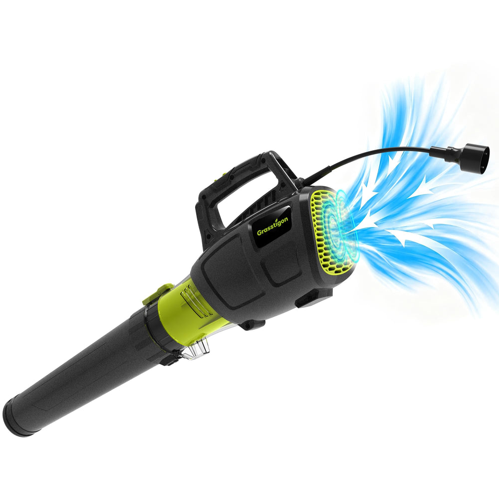 GRASSTIGON front view showing compact blower and strong airflow benefit