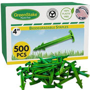 GreenStake front packaging showing 500 biodegradable stakes and product benefit