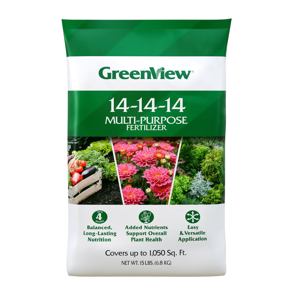 GreenView 14-14-14 front bag showing product and weight benefit seasonal feeding