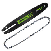 Greenworks front packaging of 10 inch bar and chain combo showing compatibility and brand quality