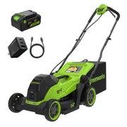 Greenworks front view of 14-inch mower showing compact, quiet cutting