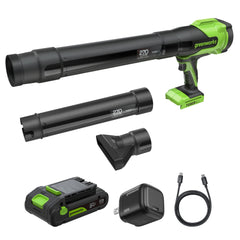 Greenworks 24V blower front view showing compact design and portability benefit