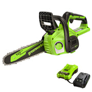 Greenworks chainsaw front view showing compact design and easy handling benefit