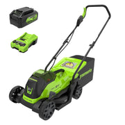 Greenworks mower front view showing compact design and easy start benefit