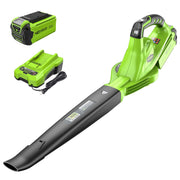 Greenworks front view of blower showing compact profile and quick cleanup benefit