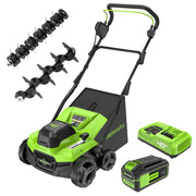 Greenworks front view showing 15-inch deck and compact cordless benefit
