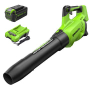 Greenworks front view of blower showing compact casing and quick start benefit