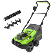 Greenworks front view showing compact dethatcher design and easy storage benefit