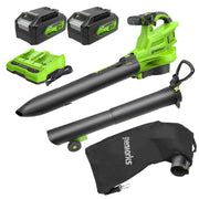 Greenworks blower front view showing power and quick-start benefit