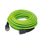 Greenworks 50ft high-pressure hose front view showing durable construction and easy storage benefit