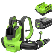 Greenworks backpack blower front view showing compact professional design and powerful airflow benefits