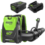 Greenworks front view of backpack blower showing robust nozzle and frame, highlighting power