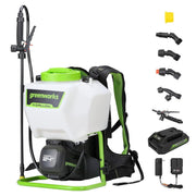 Greenworks front view of backpack sprayer showing tank and frame for easy handling