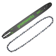 Greenworks bar and chain front packaging showing model fit and benefits