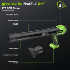 Greenworks 3.0Ah battery installed in blower offering extended runtime benefit