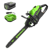 Greenworks chainsaw front packaging showing tool and battery included for instant use