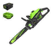 Greenworks chainsaw front view showing compact design and easy handling benefits