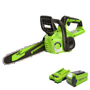 Greenworks chainsaw front view showing compact design and easy handling benefit