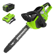 Greenworks front view of chainsaw showing compact design and maneuverability