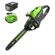 Greenworks chainsaw front view showing compact design and easy grip benefit