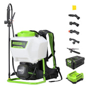 Greenworks front packaging showing sprayer kit and included battery benefits quick start