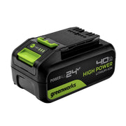 Greenworks front packaging showing battery and model benefits