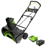 Greenworks front view showing 20-inch clearing path and efficiency