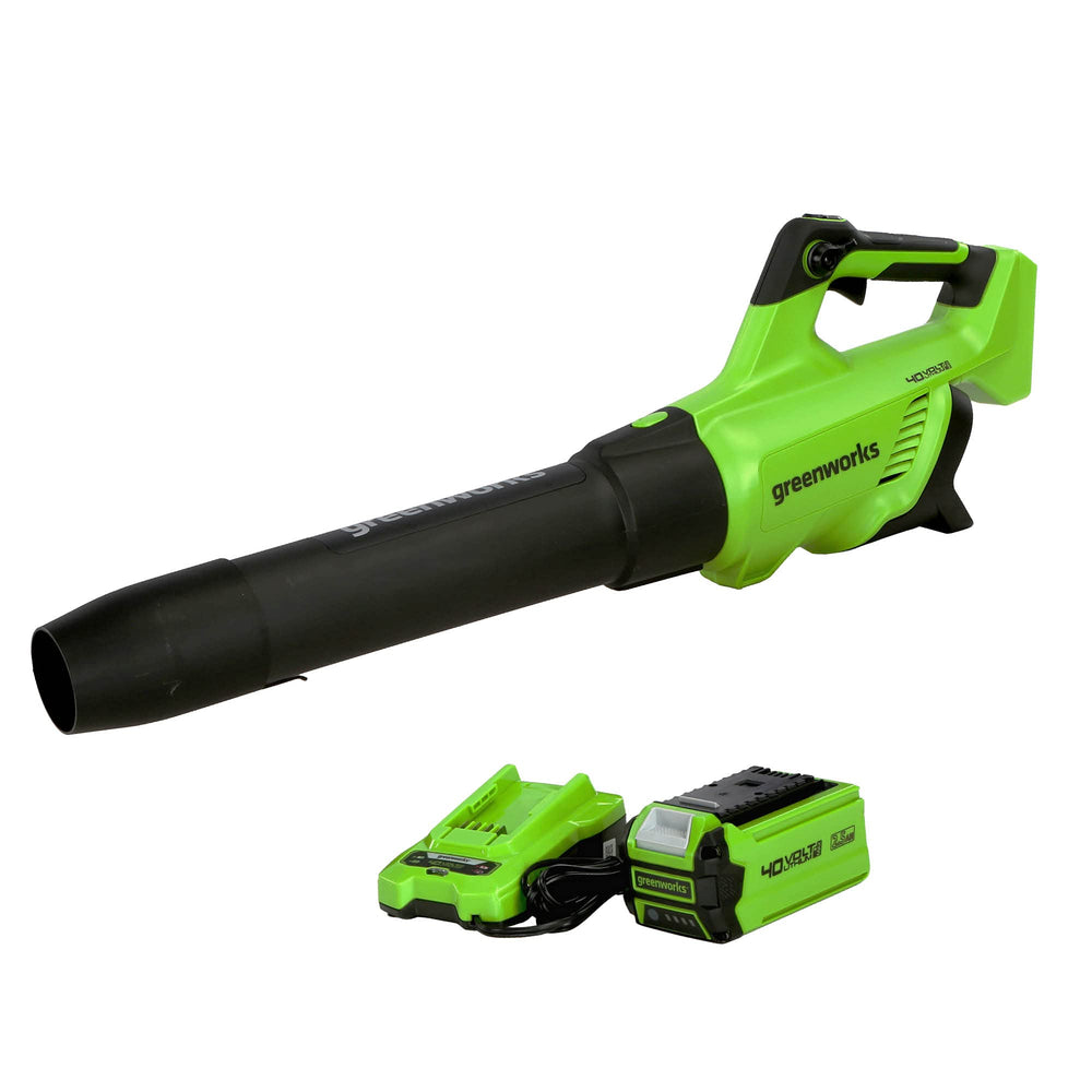 Greenworks front view blower showing compact design and quick debris clearing