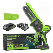 Greenworks front view of mini pruner showing compact design and control