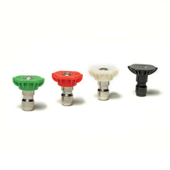 Greenworks front view of nozzle pack showing four quick-connect tips and clear labeling for versatile cleaning